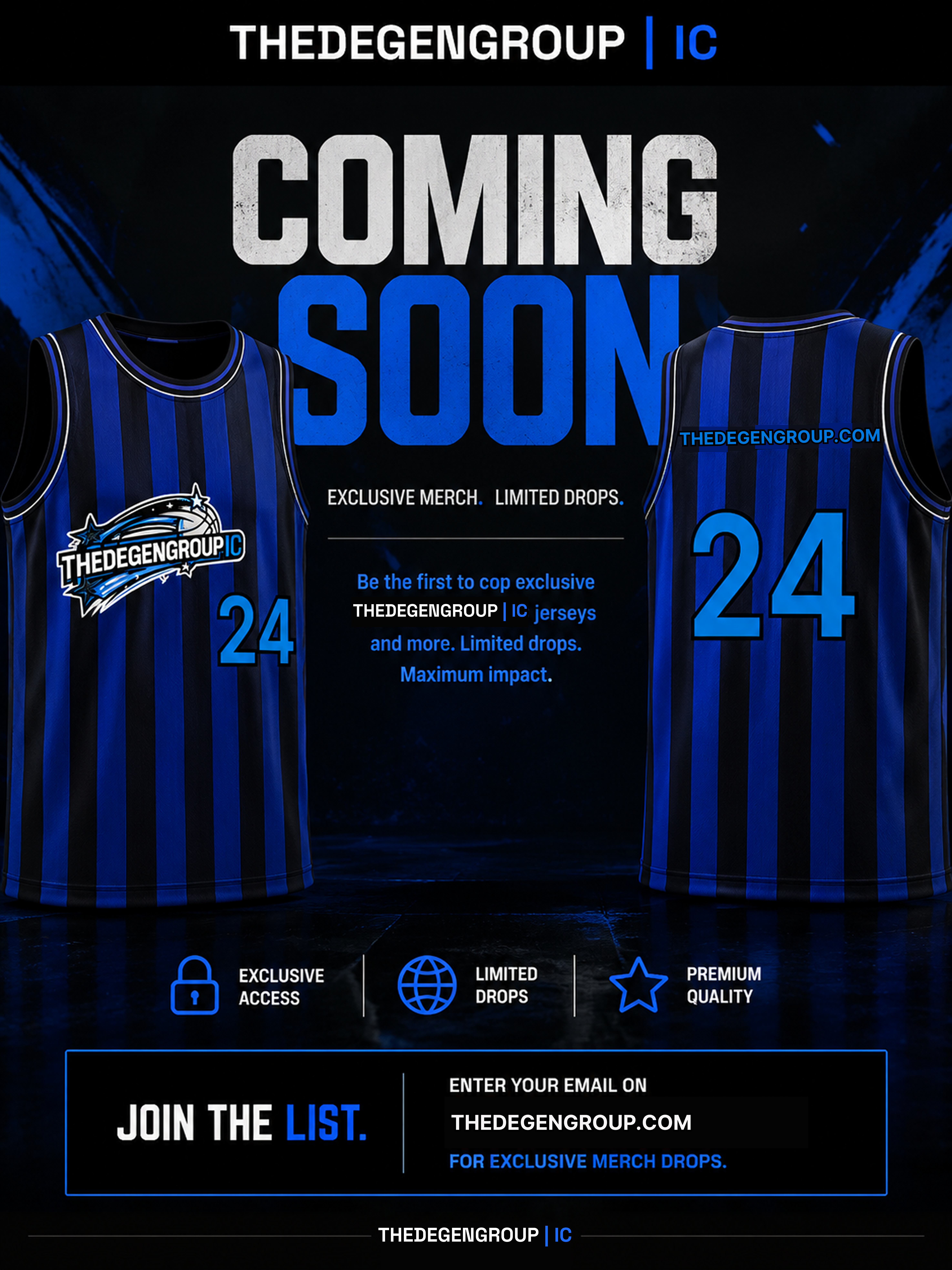 THEDEGENGROUP blue and black basketball jersey campaign, front and back, number 24